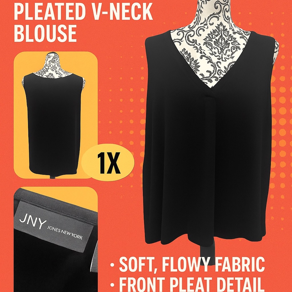 🖤 Jones New York Black Sleeveless Pleated V-Neck Blouse – 1X 🖤